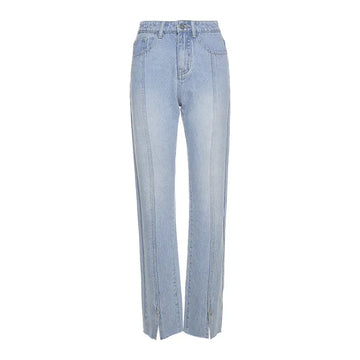 MQTIME  -  Fall Winter New Style High Waist Fashion Split Vintage Striped Jeans Women Blue Zipper Pants Female Korean Solid Trouser